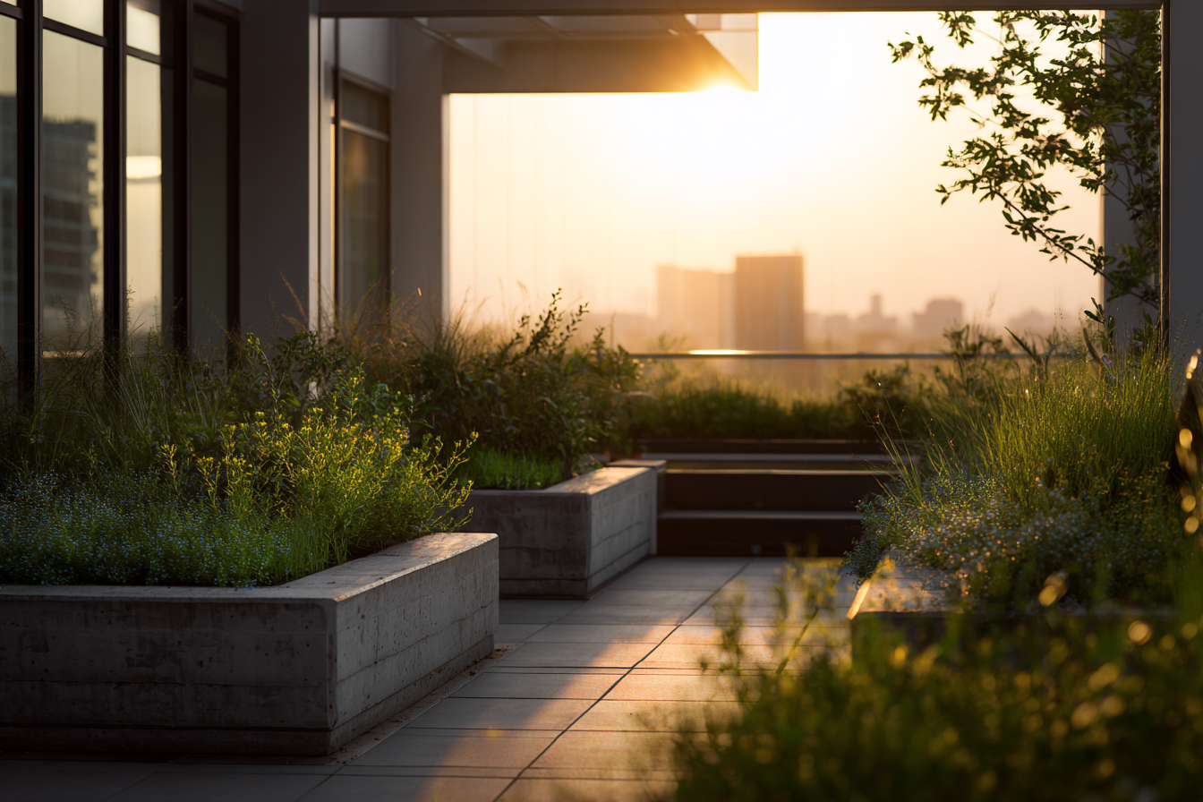 Rooftop garden with low concrete planters, greenery, and golden sunlight overlooking a distant skyline, showcasing modern sustainable design and calm ambiance.