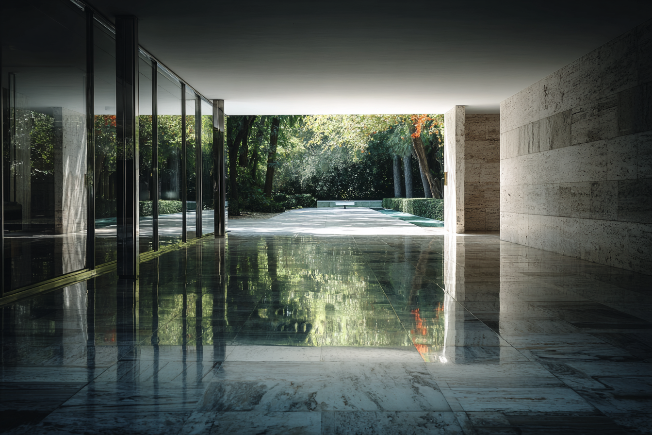 Barcelona Pavilion interior with open glass walls and reflective marble floor leading toward surrounding greenery, blending architecture with natural calm.
