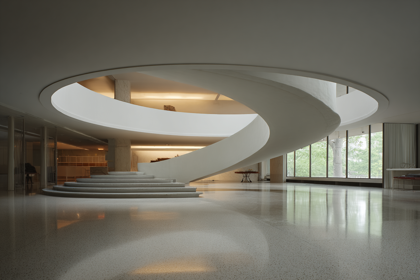 Warmly lit modern interior with a curved central ramp and terrazzo flooring, framed by large windows and diffused sunlight, creating a serene architectural composition.