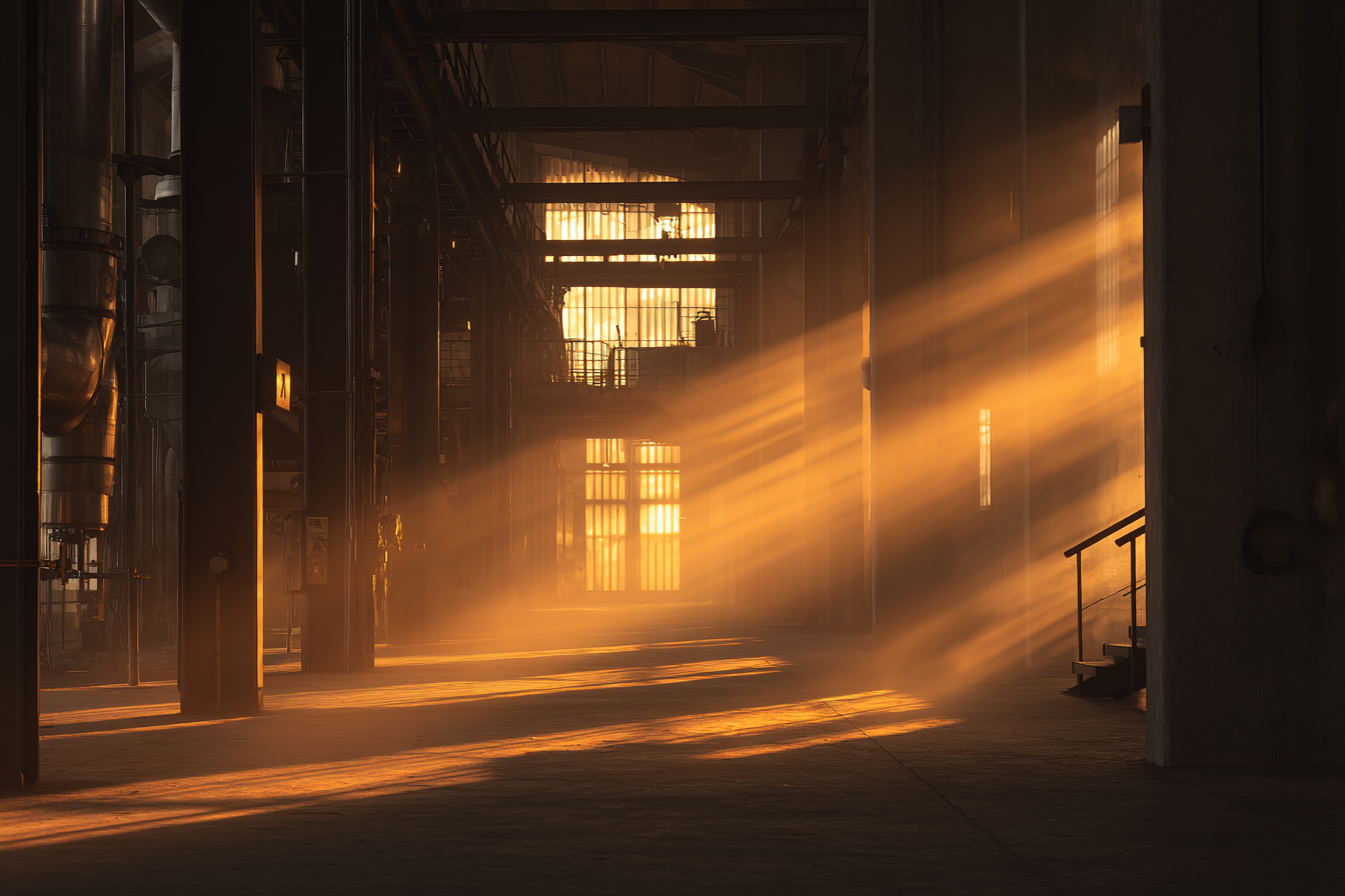 AEG Turbine Factory hall with soft sunlight filtering through steel framework and mist, emphasizing balance between industrial strength and atmospheric stillness.