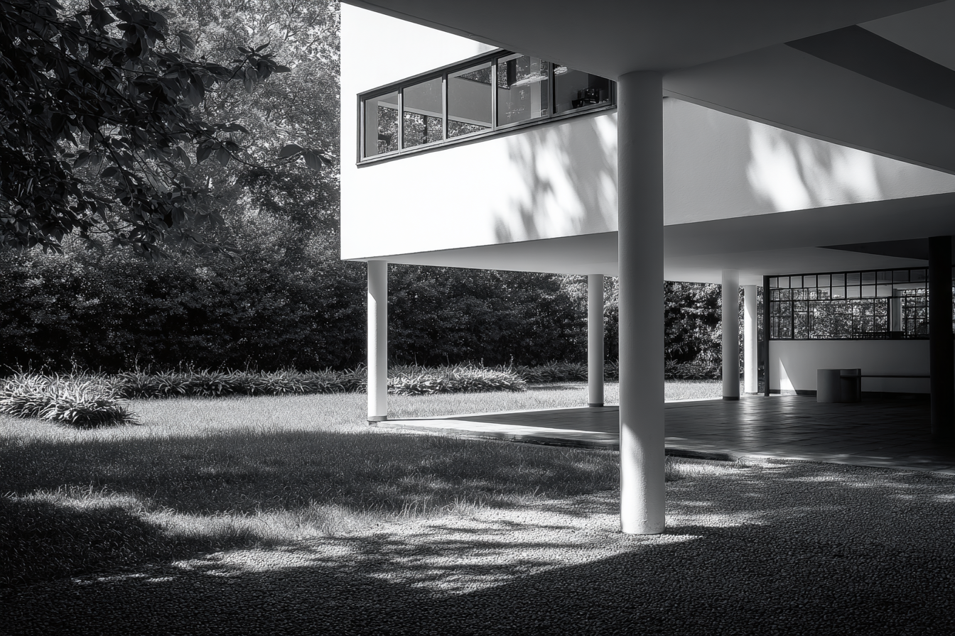 Black-and-white render of Villa Savoye’s underside showing pilotis, soft shadows, and structural rhythm, expressing Le Corbusier’s modernist balance of form and light.