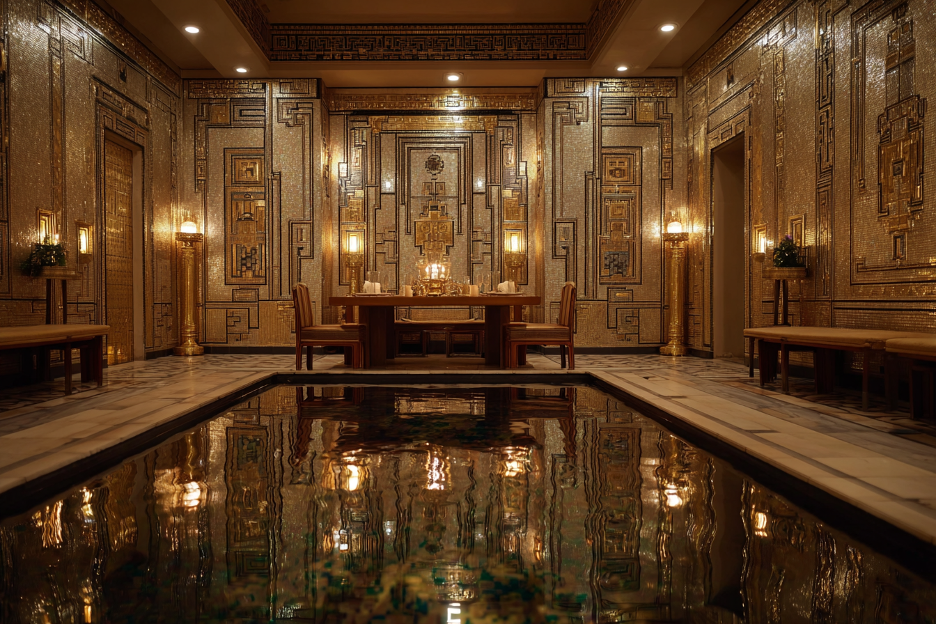 Stoclet House dining room interior with golden lighting, marble floors, and mosaic walls reflecting warm tones, showcasing Josef Hoffmann’s geometric Art Nouveau design and refined craftsmanship.