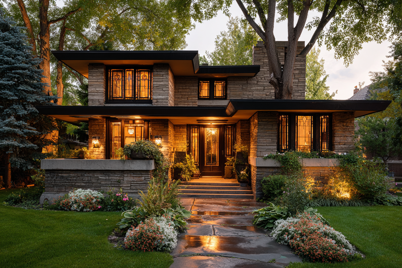 Prairie-style home surrounded by trees with glowing interior lights at dusk, featuring stone and wood materials, strong horizontal rooflines, and warm architectural symmetry inspired by modernist design.
