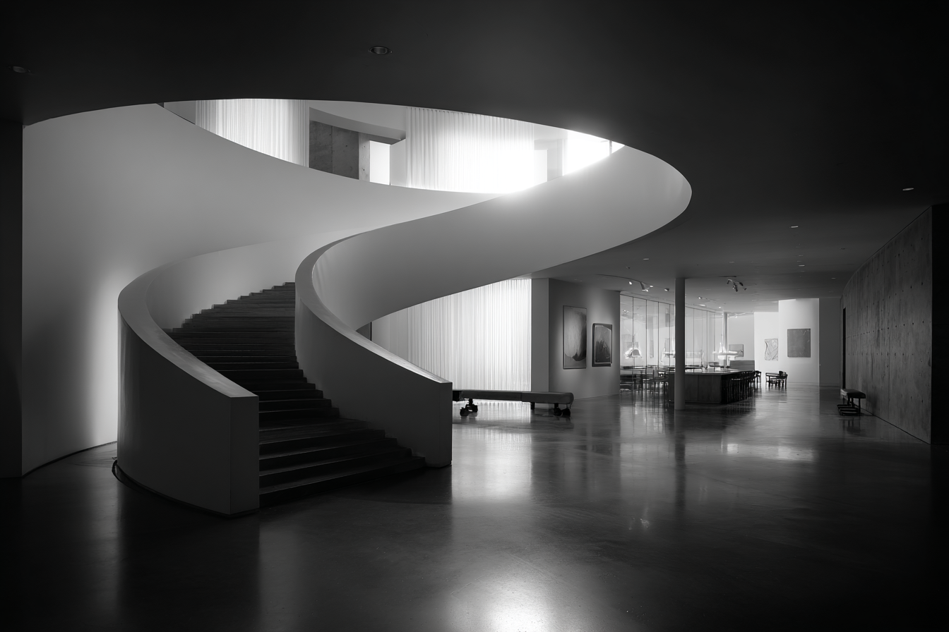 Black and white modernist staircase interior with spiral ramp, gentle contrast lighting, and open spatial flow creating a tranquil minimalist atmosphere.