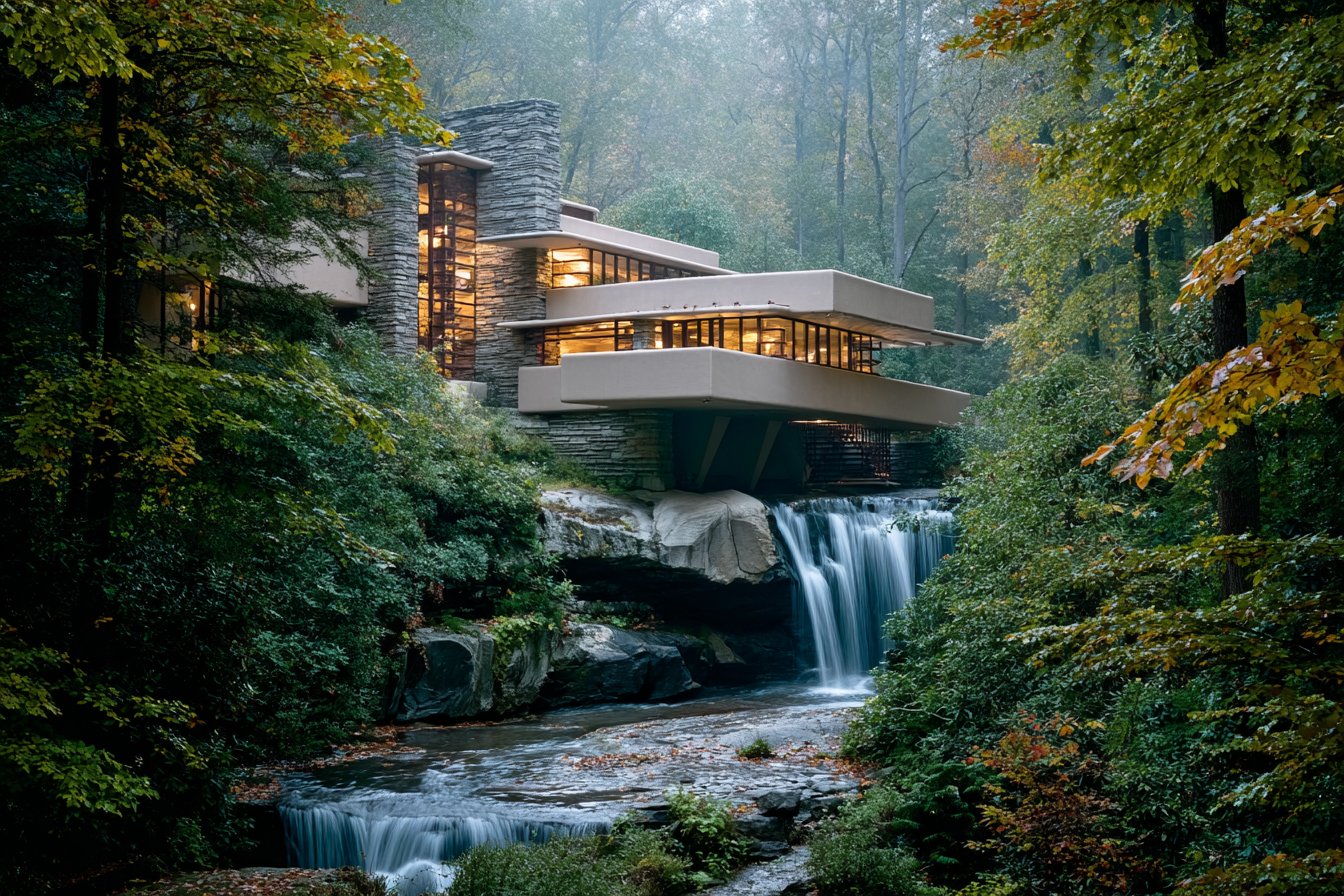 Fallingwater seen front-on through forest foliage, waterfall beneath cantilevered balconies, warm light glowing through windows in tranquil morning mist, symbolizing unity of architecture and nature.