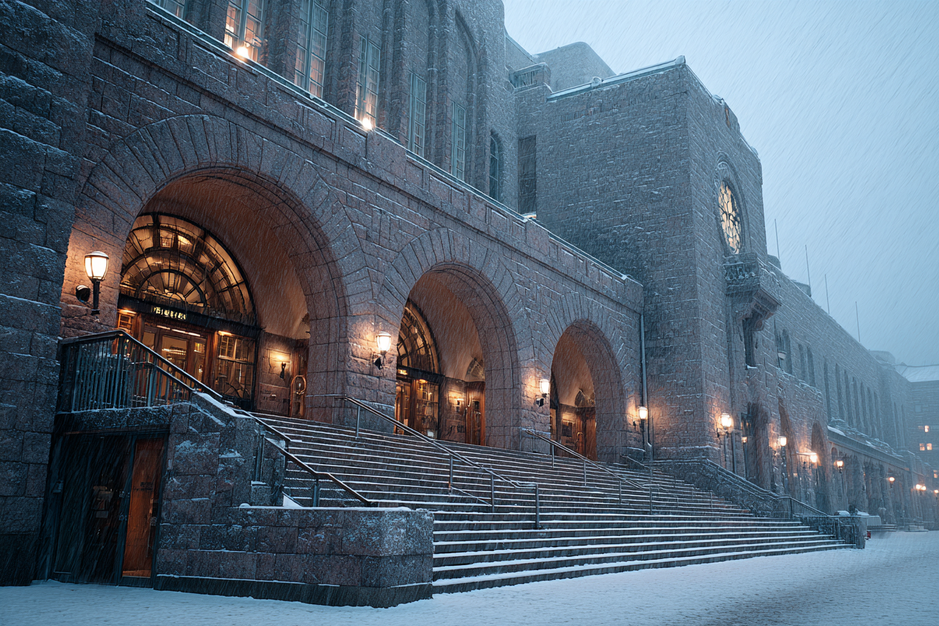 Wide view of Helsinki Central Station staircase and arches during snowfall, warm interior lighting glowing through stone arches, blending modernist geometry with winter calm.