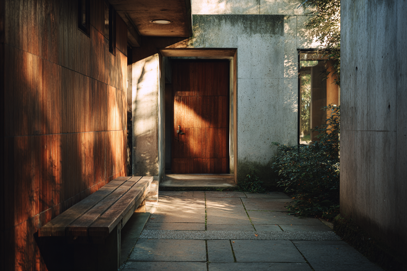 Kings Road House entrance with warm sunlight across concrete walls and wooden door, shadows falling softly over textured surfaces, evoking calm modernist simplicity.