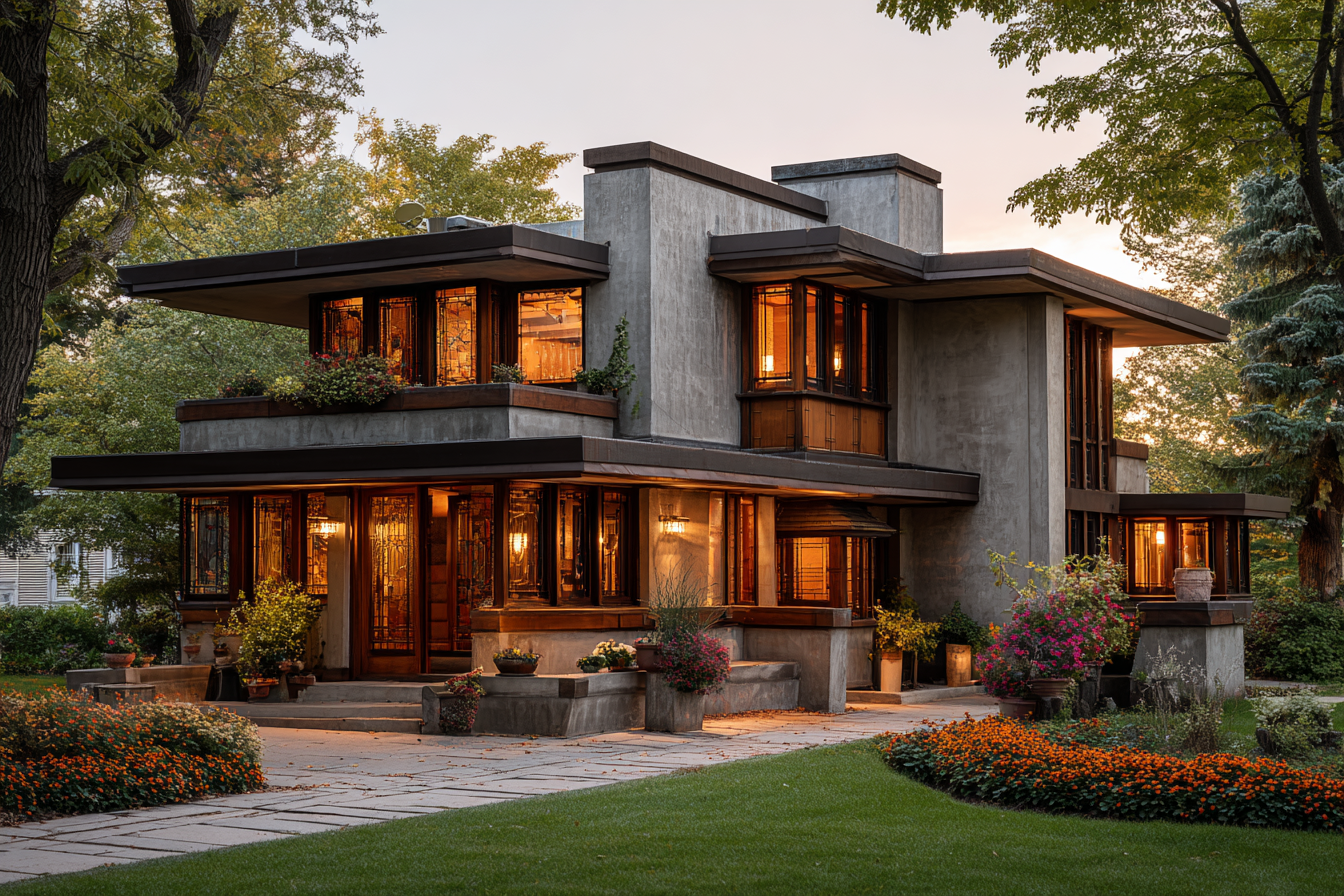 Prairie-inspired modern house with wide cantilevered roofs, large glass windows, and layered stone forms, illuminated by soft sunset light in a tranquil suburban landscape.