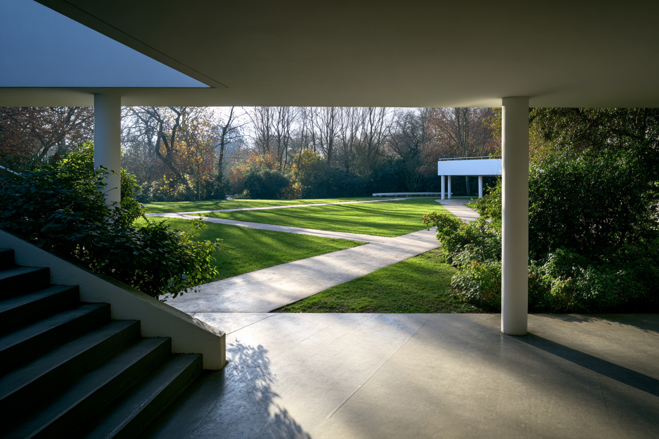 Photoreal render of Villa Savoye’s open ground level with pilotis and morning shadows across concrete and grass, highlighting Le Corbusier’s harmony between structure and nature.