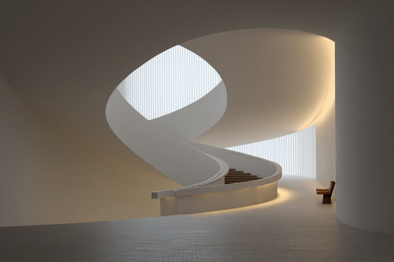 Minimal modern interior with softly lit spiral staircase, smooth curved walls, and warm indirect lighting creating a calm and refined architectural ambiance.