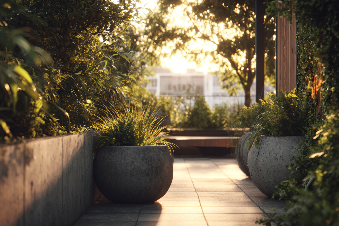 City rooftop garden with large potted plants and warm sunlight streaming through foliage, evoking a tranquil atmosphere of nature within modern architecture.