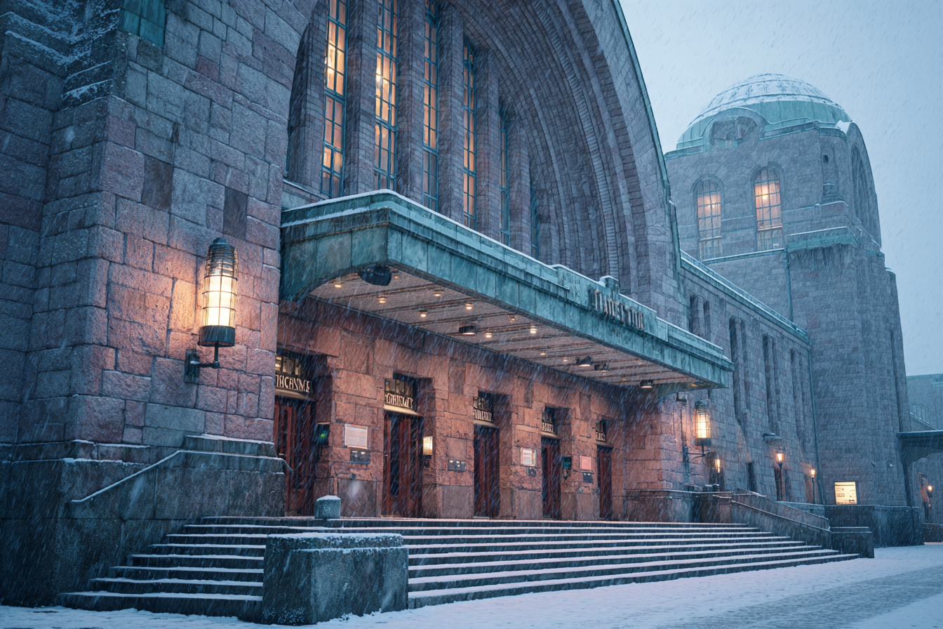 Close-up of Helsinki Central Station entrance in evening snow with golden lights reflecting on granite walls, showcasing Eliel Saarinen’s early modern architecture and cinematic winter atmosphere.