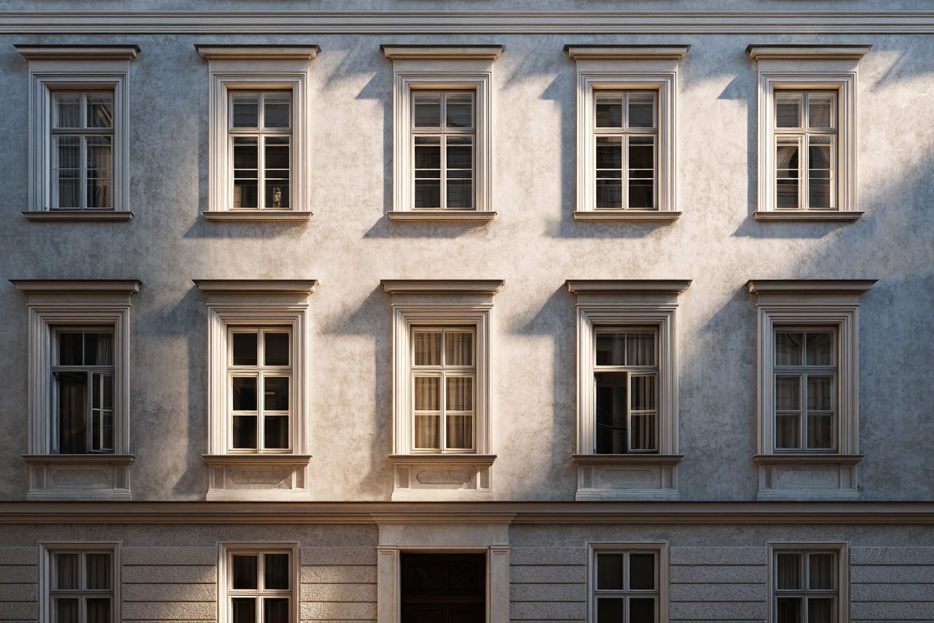 Classic Viennese townhouse exterior in diffused sunlight, with rhythmic window geometry and pale plaster walls, showing soft shadows and minimalist urban composition.