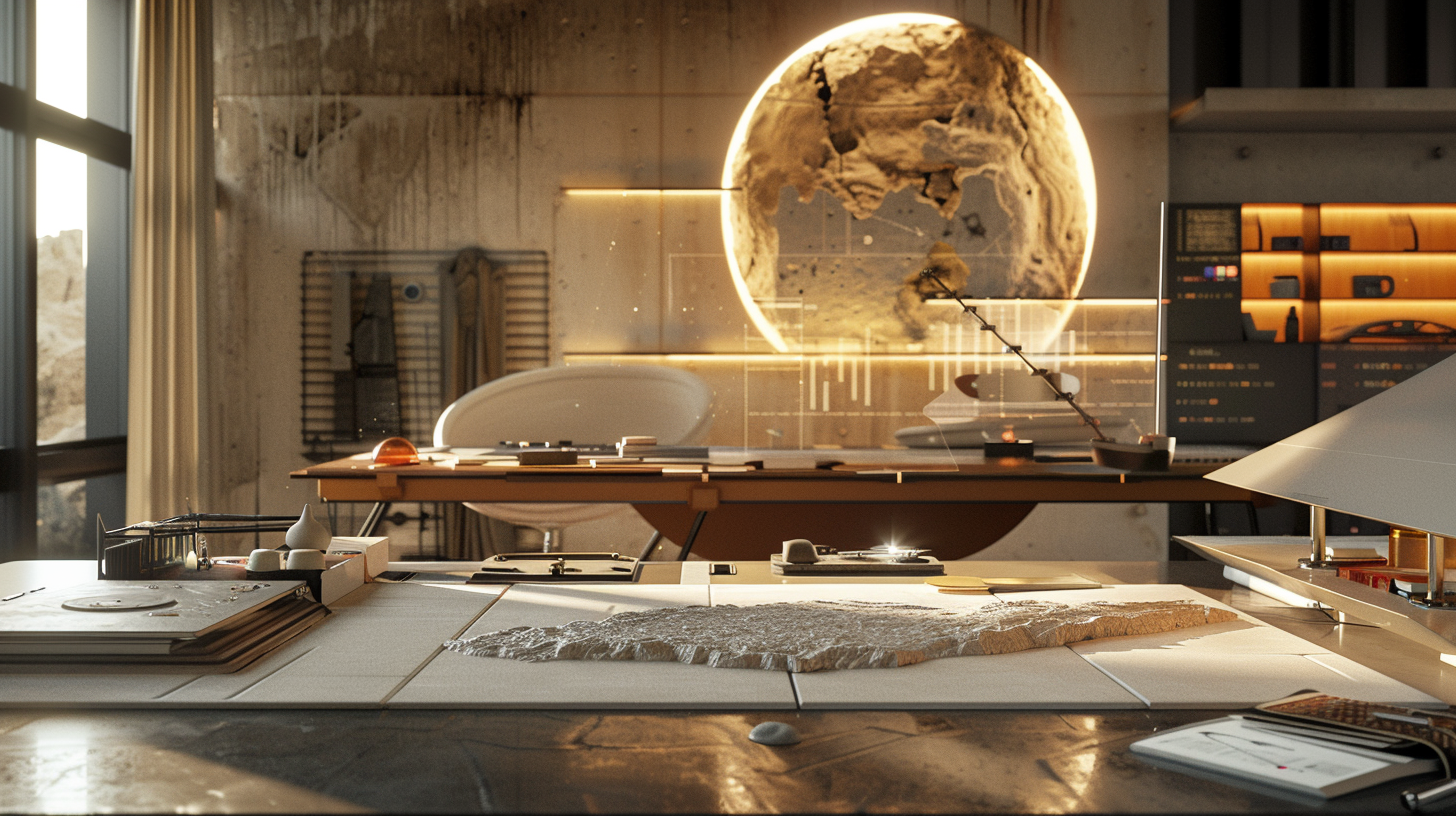 Futuristic workspace featuring stone textures, digital displays, and a glowing globe—blending material design with emotional intelligence, innovation, and creative precision.