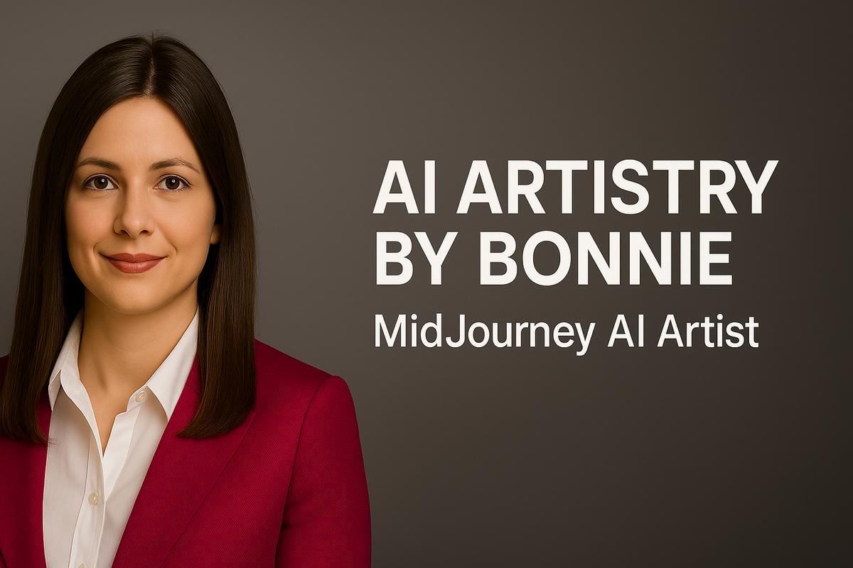 Professional banner showing a woman in a red blazer beside the text "AI Artistry by Bonnie" and "MidJourney AI Artist" on a dark background, promoting her as a Fiverr AI visual creator.