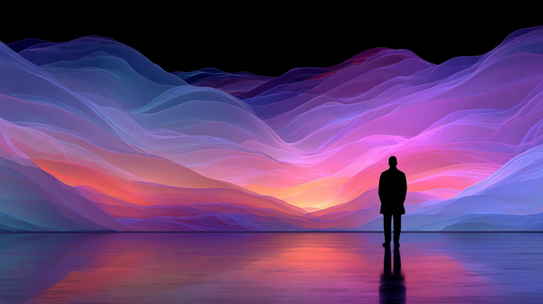Person standing before a glowing digital landscape of colorful waves, symbolizing the fusion of data, light, and design in a generative art environment.