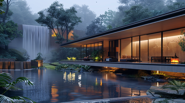Modern cantilevered home over water near a waterfall, surrounded by misty woods. Inspired by Fallingwater, in warm concrete and wood.
