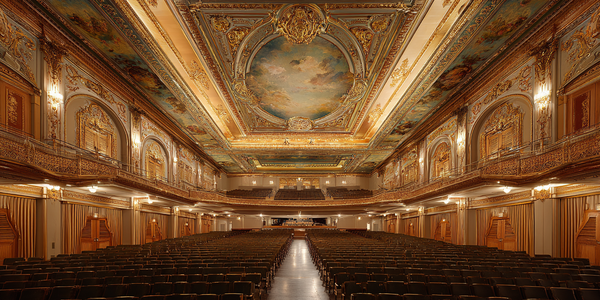 AI-generated photoreal rendering of Dankmar Adler’s Auditorium interior showing detailed ceiling frescoes, golden ornamentation, and immersive theater acoustics.