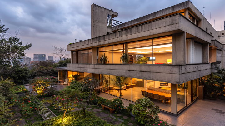 Le Corbusier-style brutalist villa with raw concrete, rooftop garden, and ribbon windows, shot at ISO 400 during overcast golden hour with a 35mm lens.