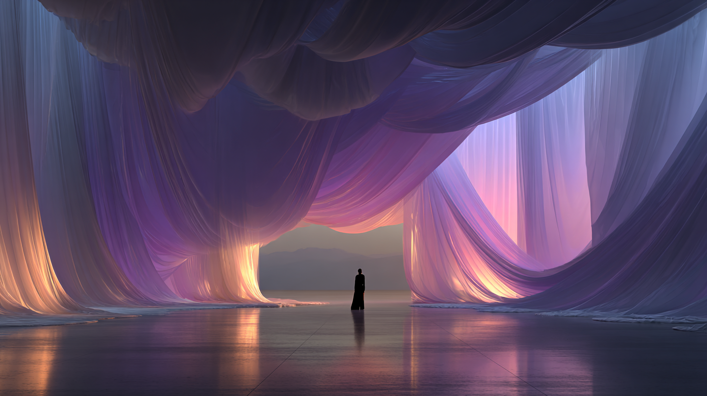 Person standing in a vast hall under glowing purple and peach digital drapes, with reflective floors—evoking beauty, stillness, and immersive design shaped by light.